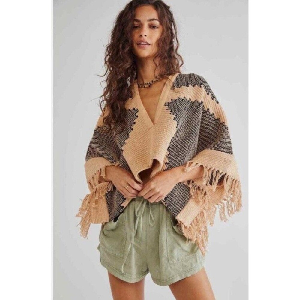 Fringed Tan and Black Sweater Poncho NWT